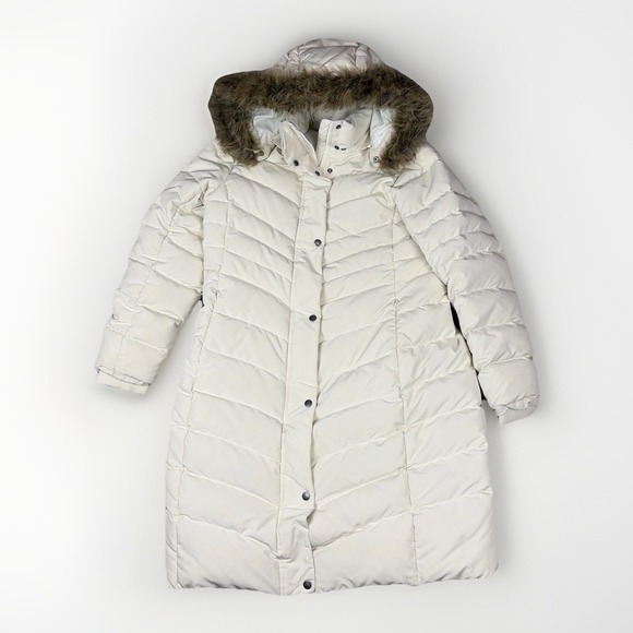 Brooks Brothers Jacket Womens Large Ivory Down Puffer Quilted Winter Hooded Coat - Picture 1 of 16